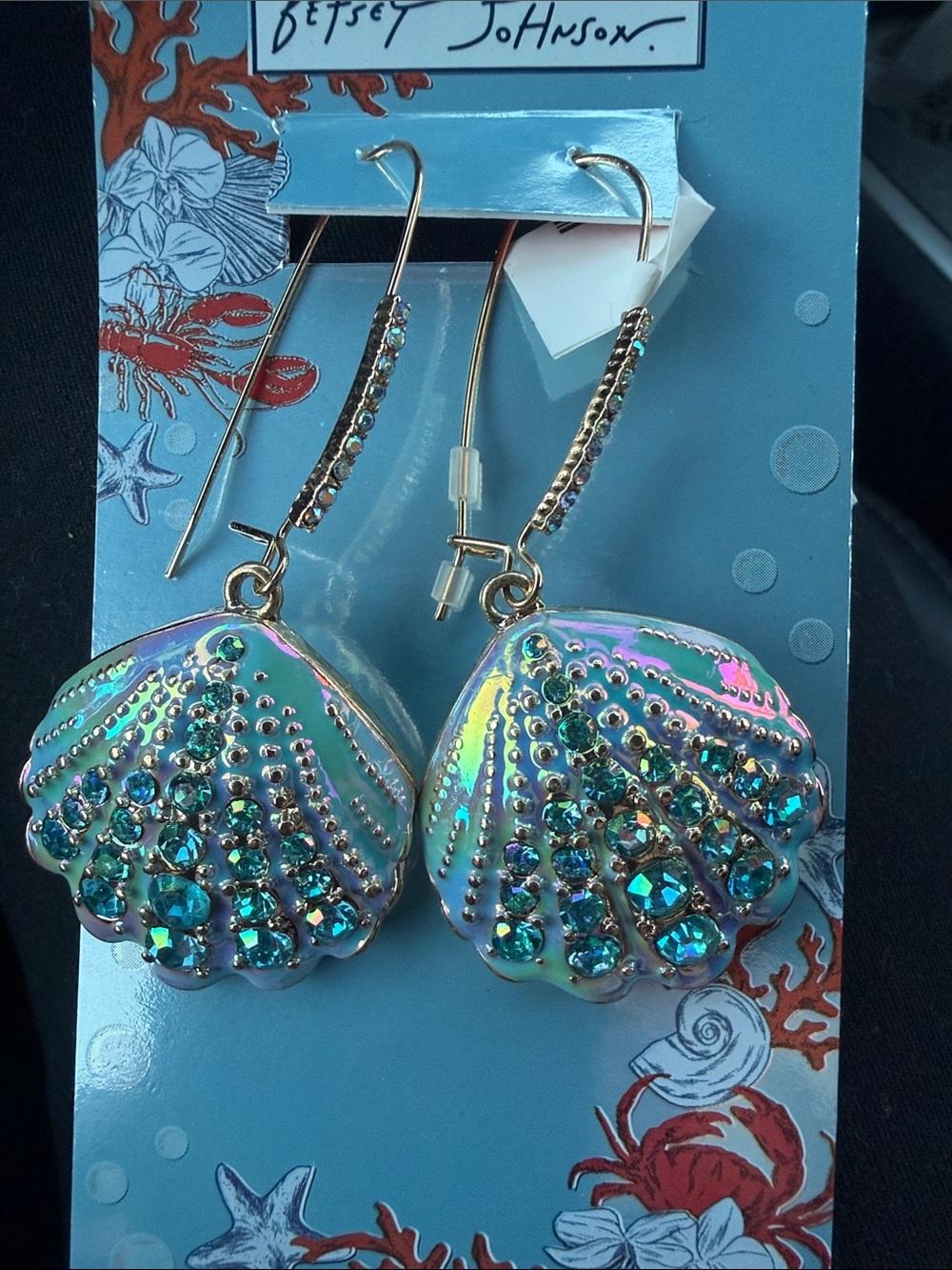 Betsey Johnson Iridescent Shell Drop Earrings with Teal Rhinestones